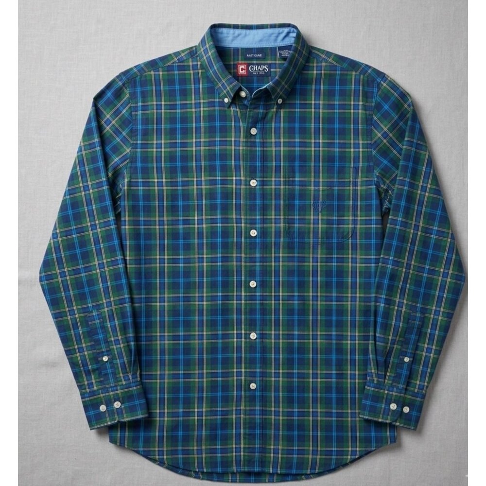 Chaps Mens Green & Blue Plaid Button-Down Shirt Easy Care Size Medium